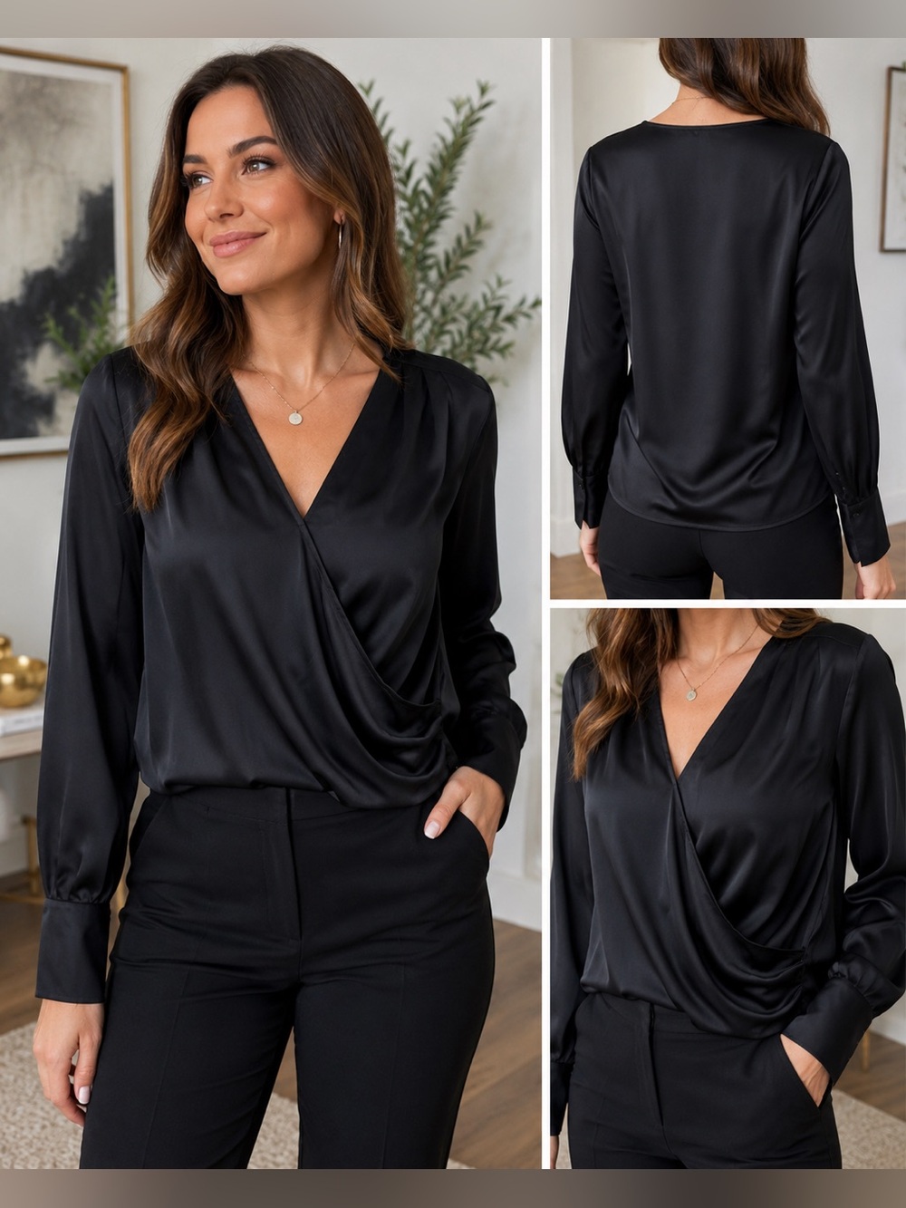 NWT Worthington Women’s Size Large Black Satin Faux Wrap Long Sleeve Blouse
